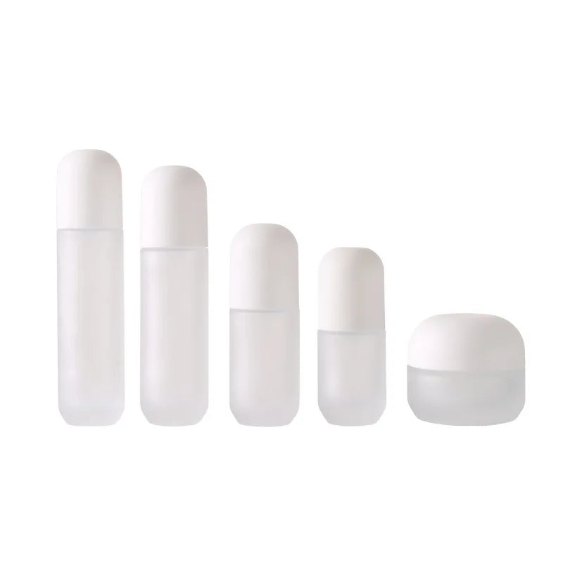 New Glass 30ml 40ml 60ml 100ml Cosmetic Package Set Frosted Cream Jar Serum Lotion Pump Bottle With Matte White Cap