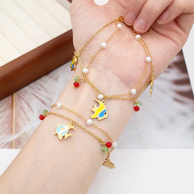 Wholesale Summer Ocean 18K Gold Plated Waterproof Stainless Steel Personalized Trendy Fish Enamel Charms Bracelets for Women
