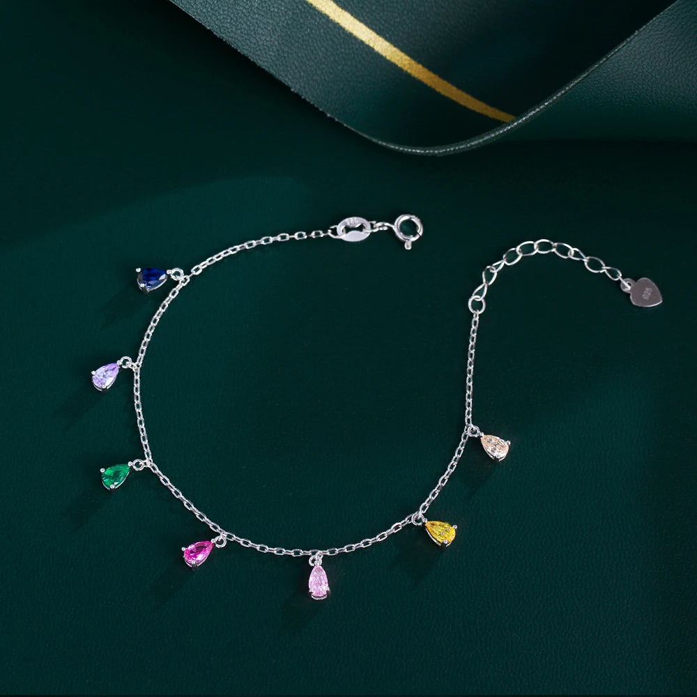 Colorful Water Drop Zirconia Boho Chic Adjustable 925 Sterling Silver Chain Bracelet for Women Beach Vacations Music Festivals