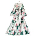 Summer Fashion Runway Boho Maxi Dresses Women's Long Puff Sleeve Rose Flowers Print Elastic Waist Holiday Elegant Long Dress