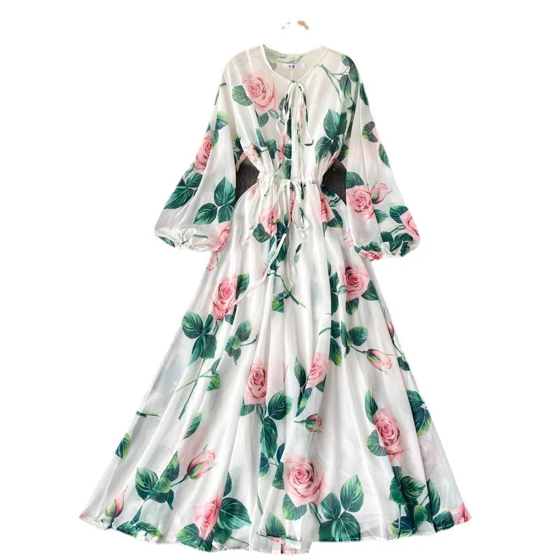 Summer Fashion Runway Boho Maxi Dresses Women's Long Puff Sleeve Rose Flowers Print Elastic Waist Holiday Elegant Long Dress