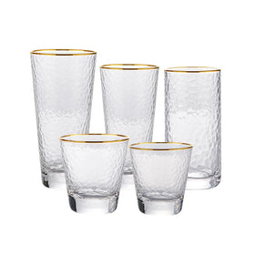 Japanese Hammered Texture Lead-Free Crystal Borosilicate Glassware Set Contemporary Gold Rim Glacier Whiskey Tumbler Highball