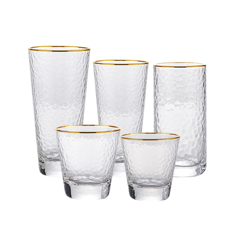 Japanese Hammered Texture Lead-Free Crystal Borosilicate Glassware Set Contemporary Gold Rim Glacier Whiskey Tumbler Highball