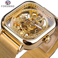 Forsining Golden Men Automatic Watch Square Stainless Steel Band Mechanical Business Clock Relogio Masculino Erkek Kol Saati