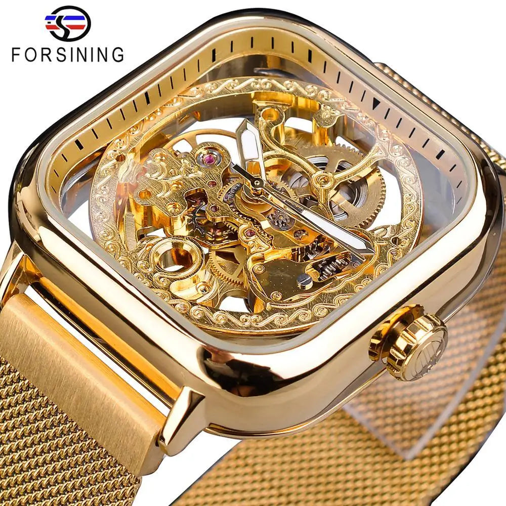 Forsining Golden Men Automatic Watch Square Stainless Steel Band Mechanical Business Clock Relogio Masculino Erkek Kol Saati