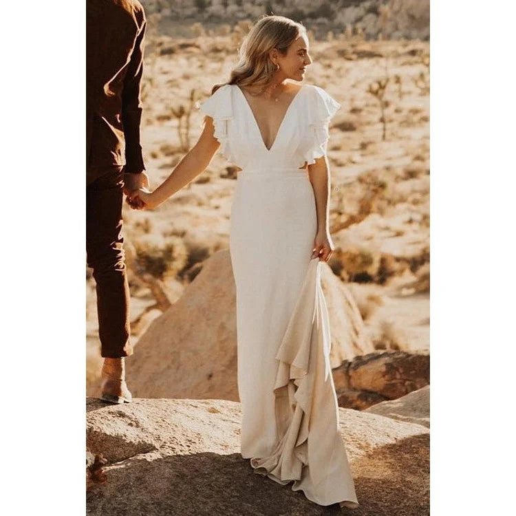 11836#Elegant Flounced Sleeves Beach Wedding Dress Plunging V Neckline Backless Chiffon Wedding Dress Wedding Bridal Gown