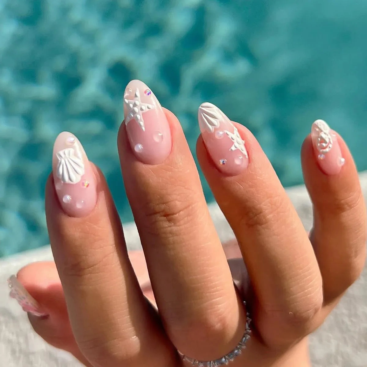 24pcs Sweet Pink 3D Bubble Shell Sea Star Design Crystal Accents Almond-Shaped Press on Nails Artificial Fingernails 3434