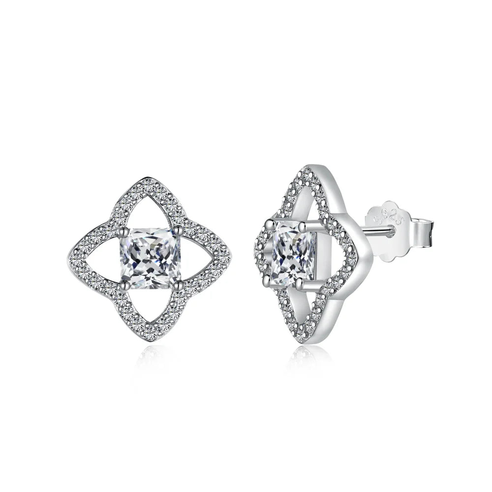 Dylam Simplicity S925 Silver Rhodium Plated Flower Shape Hallow Out 5A Cubic Zirconia Stud Earrings