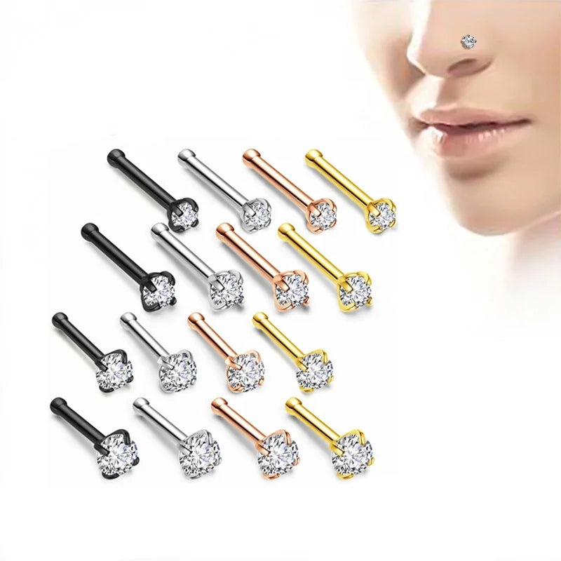 Wholesales 316 Stainless Steel Zirconia Body Piercing Jewelry Vacuum Plated Straight Pole Nose Pins With Zircon Nose Stud