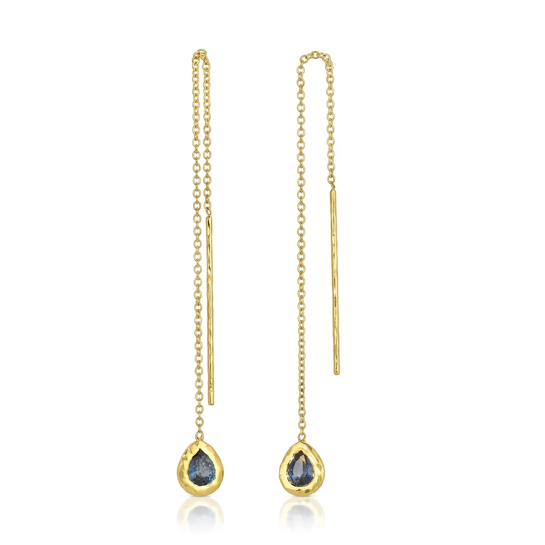 LOZRUNVE 925 Sterling Silver Hammered Pear Waterdrop Sapphire Thread Long Chain Earring Gold Plated