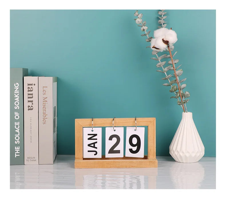 INS Nordic Style Wooden Perpetual Calendar Flip Month Date Display Desktop Schedule Daily Planner Office Home Decor Photo Props