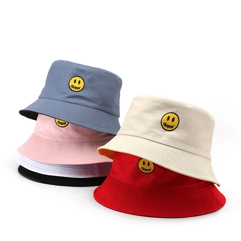 Fashion New Smiling Face Embroidered Cotton Fisherman Hat Korean Trend Double-Sided Women Sunscreen Sunshade Basin Hat