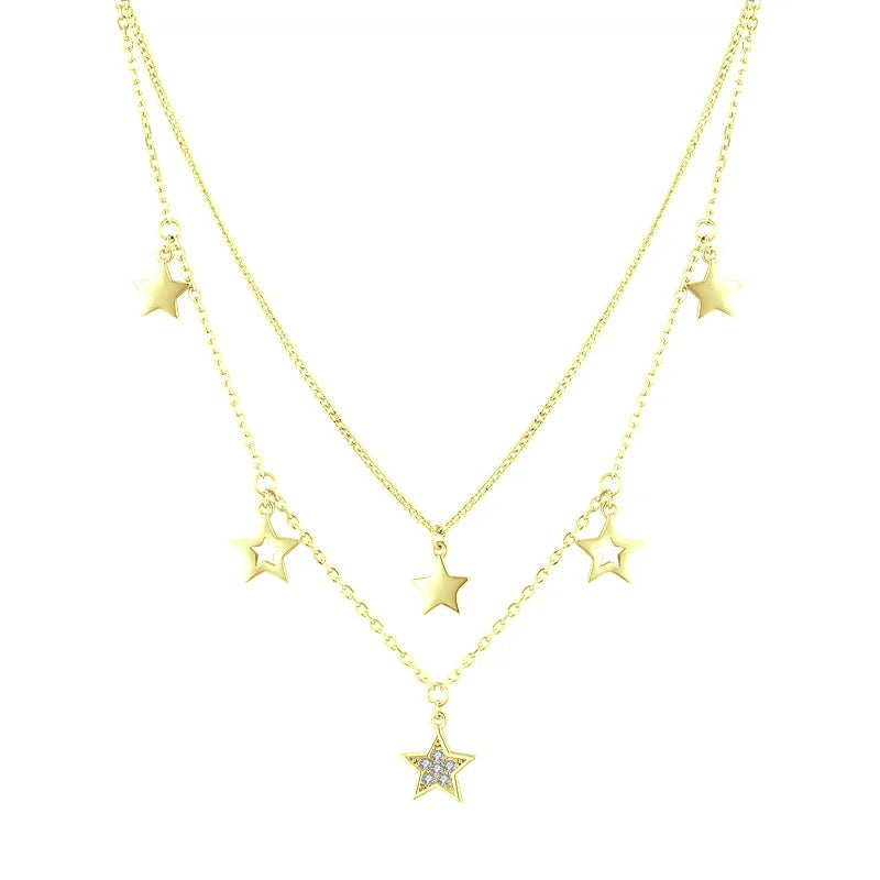 Manufacturer Factory Price 925 Sterling Silver Double Layer Star Pendant Necklace Cubic Zirconia Rhodium Plated Clavicle Chain