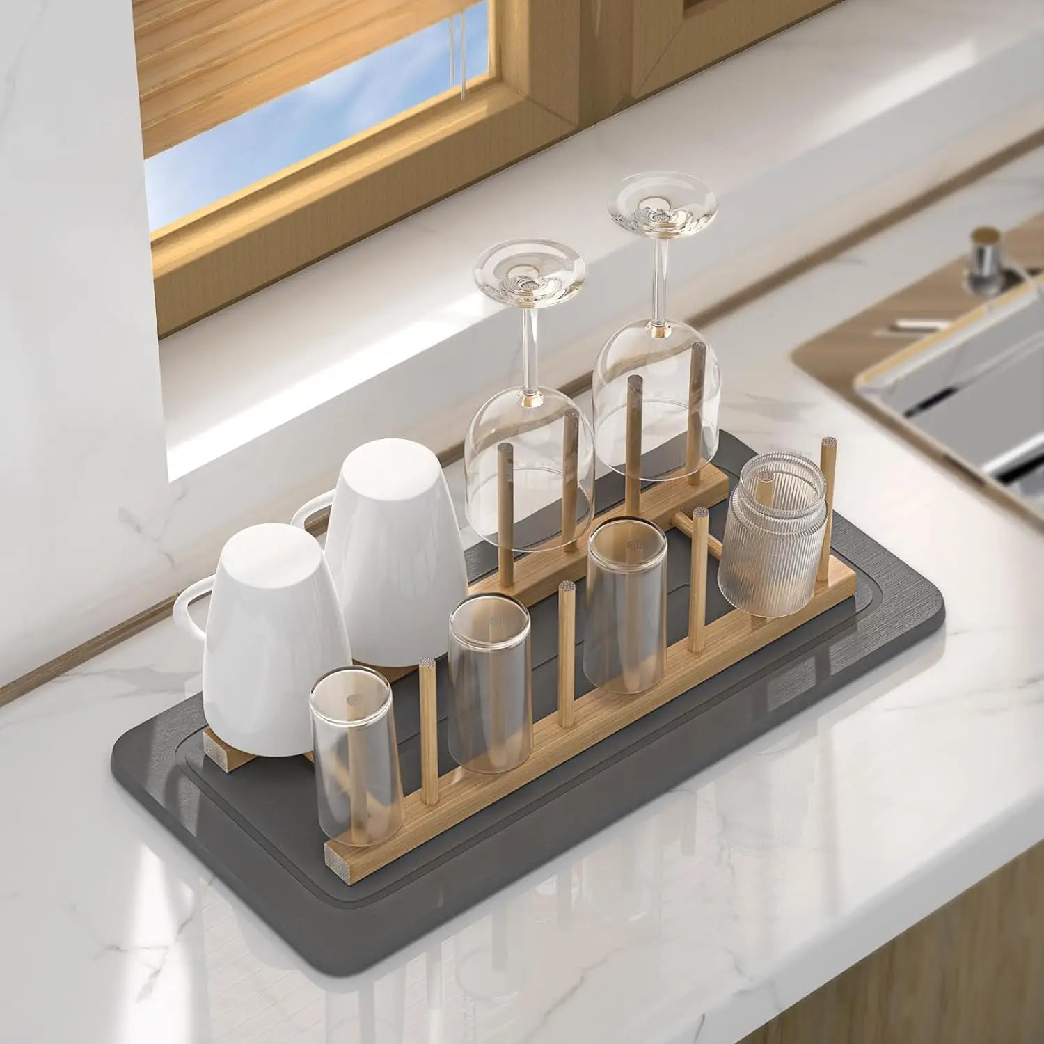 Wholesale Factory Stone Dish Drying Mat With Wooden Plate Rack for Kitchen Counter Super Absorbent Diatomite Dish Drying Mat