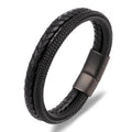 Classic Style Leather Stainless Steel Stitching Men's Bracelet Double Layer Black/Steel Buckle Bangle Male Jewelry Wholesale