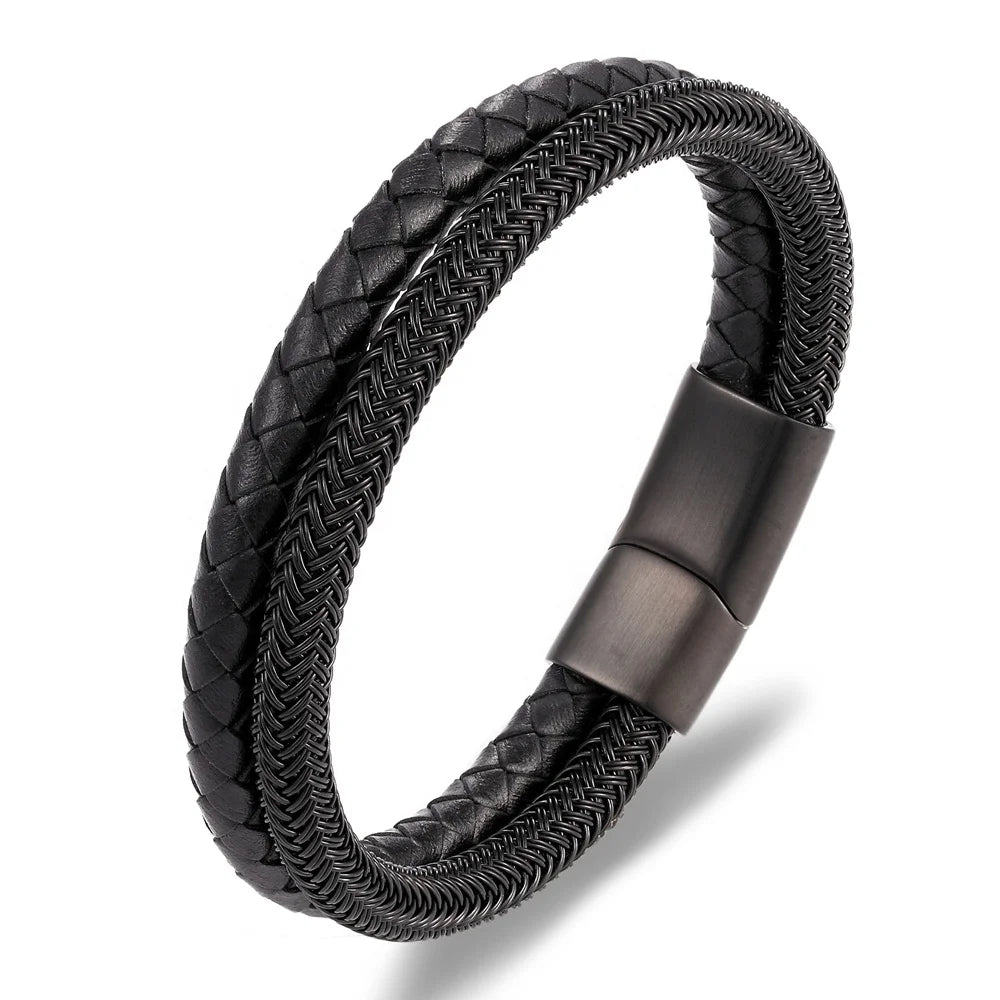 Classic Style Leather Stainless Steel Stitching Men's Bracelet Double Layer Black/Steel Buckle Bangle Male Jewelry Wholesale
