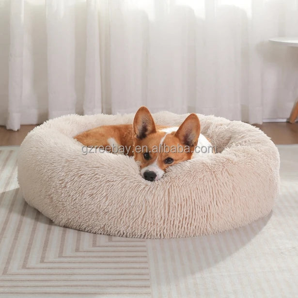 Round Donut Long Plush Fluffy Soft Simons Cat Cushion Luxury Dog Beds Calming Donut Cuddler