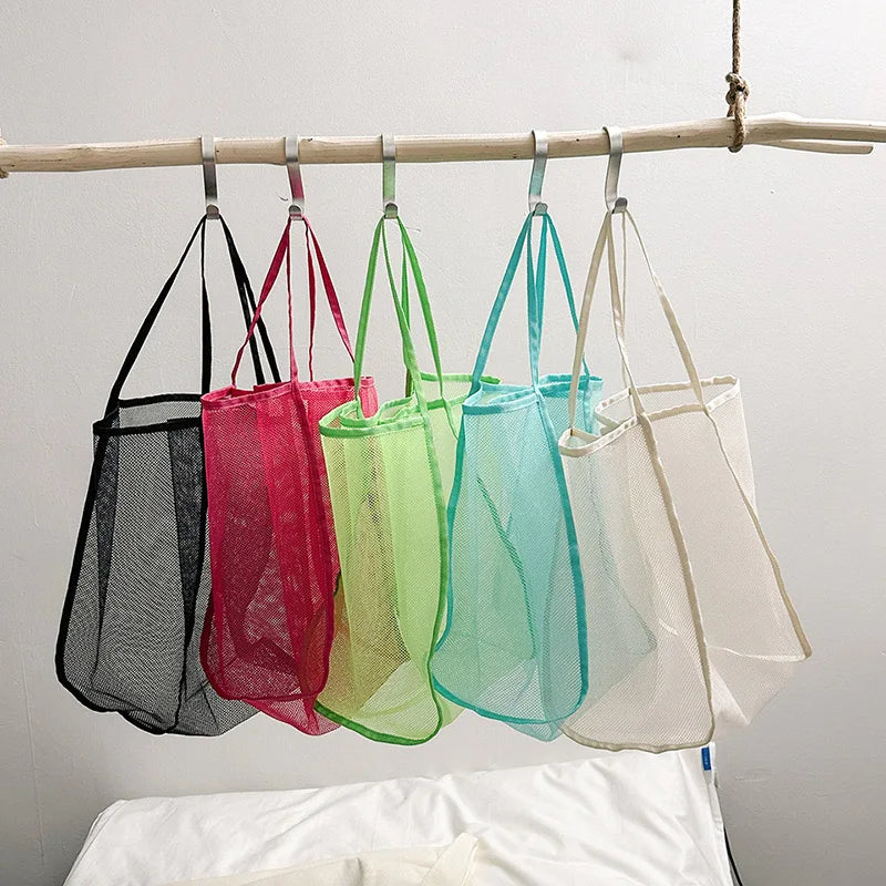 Women's Large Capacity Foldable Transparent Mesh Storage Shoulder Hand Bags Portable Hollow Beach Bag Two Nylon Lining Handles