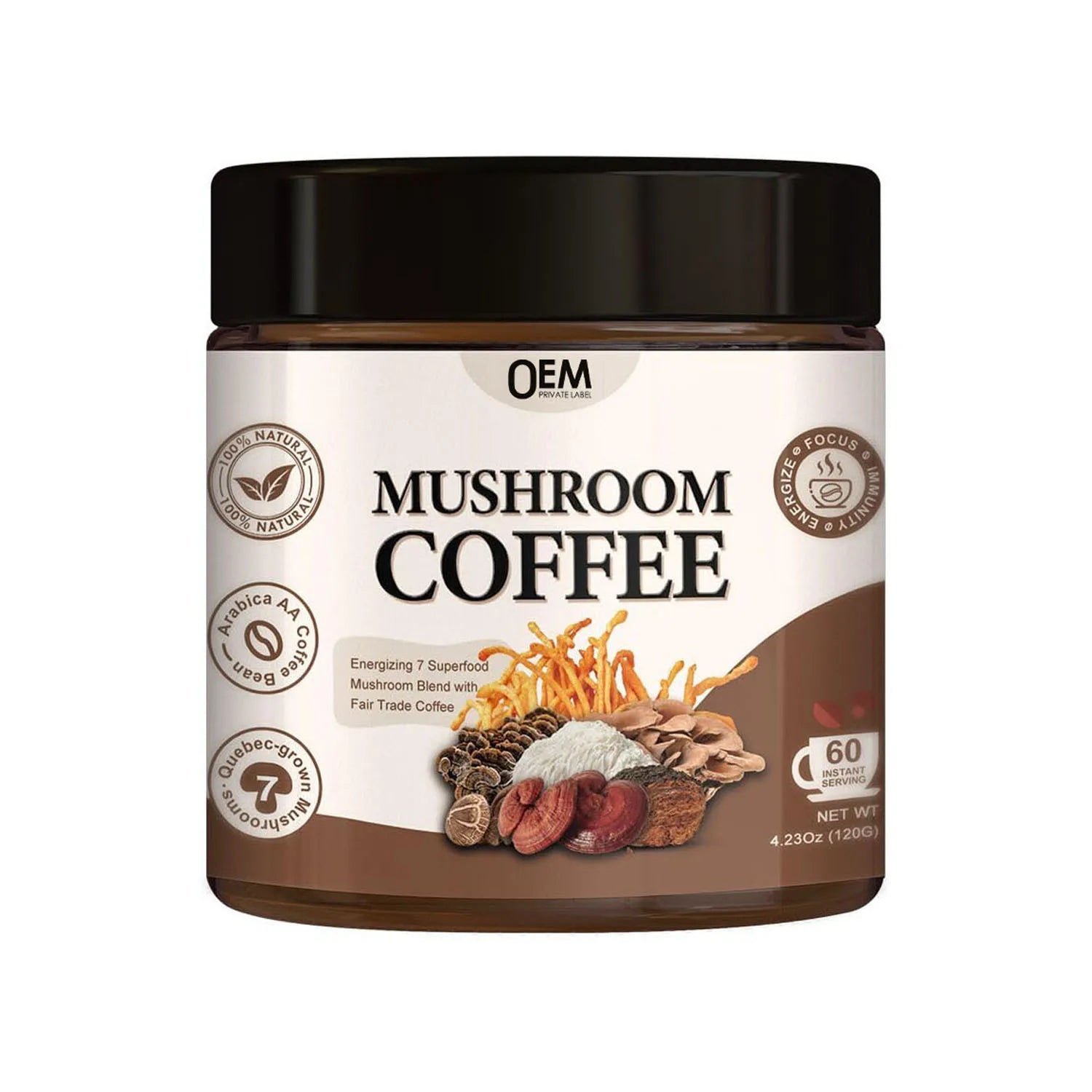 OEM Private Label 7 in 1 Mushroom Coffee With 10 Superfood Lions Mane Reishi Chaga Cordyceps Shiitake Maitake Instant Coffee