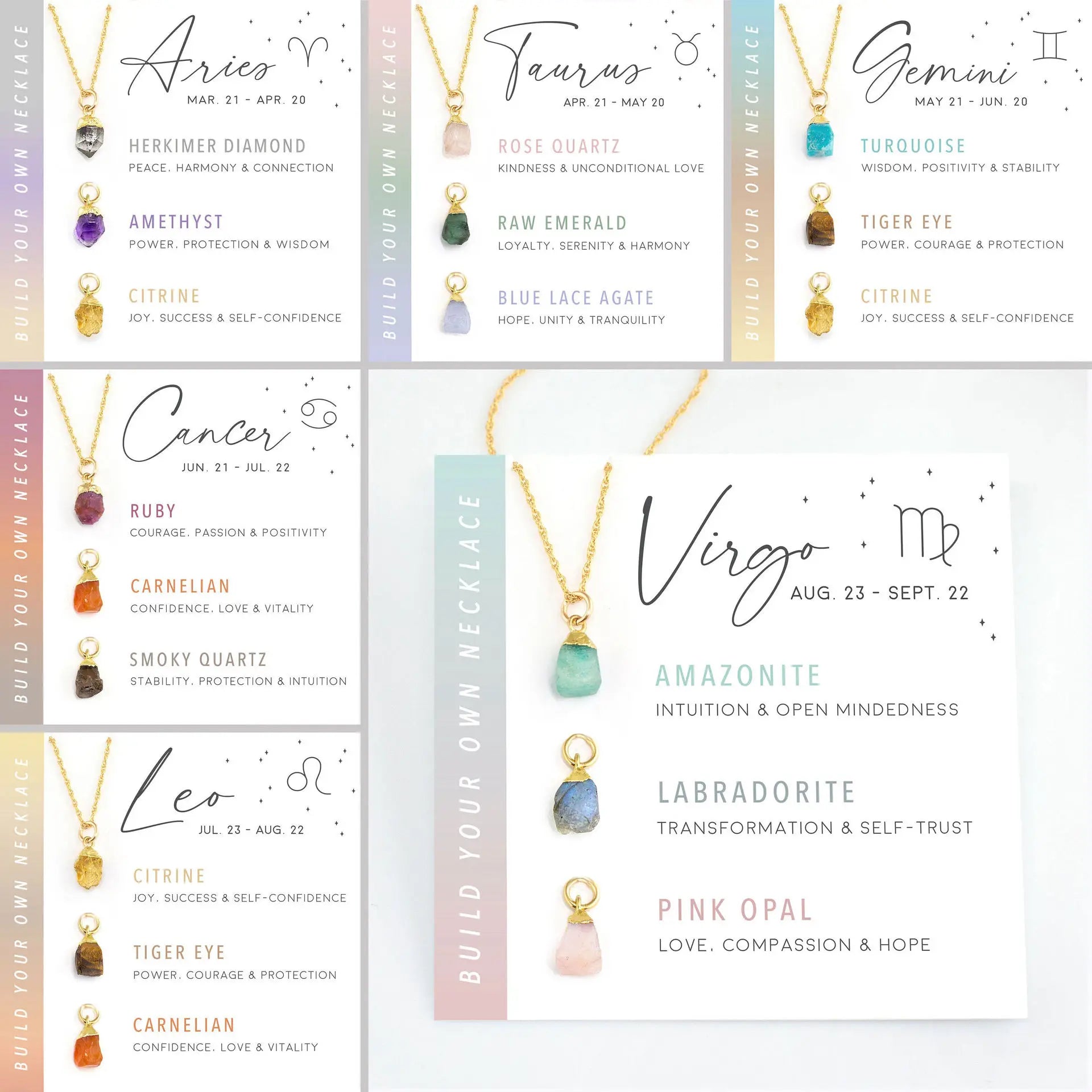 New Natural Stone Healing Crystal Gemstone Birthstone Necklace Set for Women Genuine Raw Stone Pendant Zodiac Necklace With Card