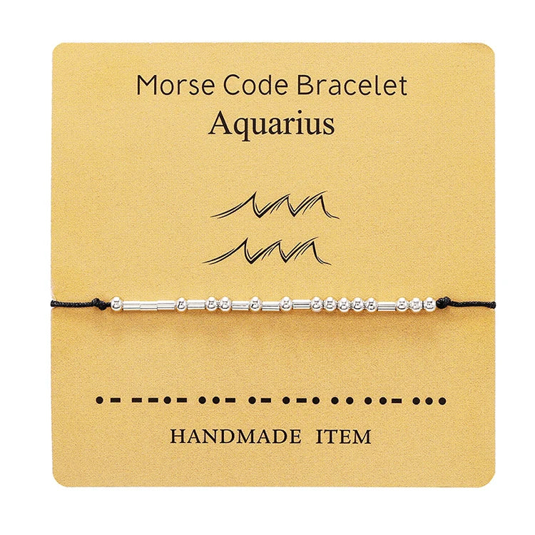 Fashion Adjustable Braided Silk String Silver Plated Copper Beads Women Charm Astrology Morse Code 12 Zodiac Sign Bracelet