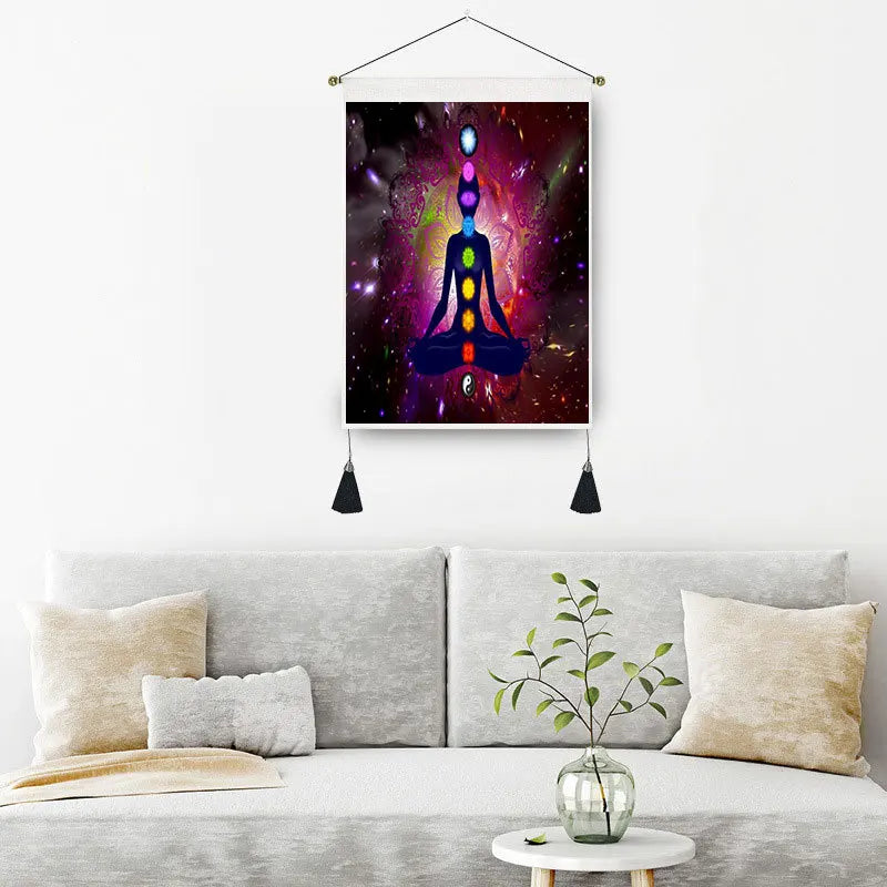 Indian Buddha Statue 7 Chakra Mandala Tapestry Boho and Psychedelic Style Wall Hanging Printed Window View Blanket