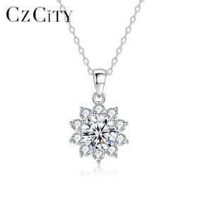 CZCITY Chain Jewelry Sterling Silver VVS Moissanite Iced Out Woman 925 Designer Flower Pendant Necklace