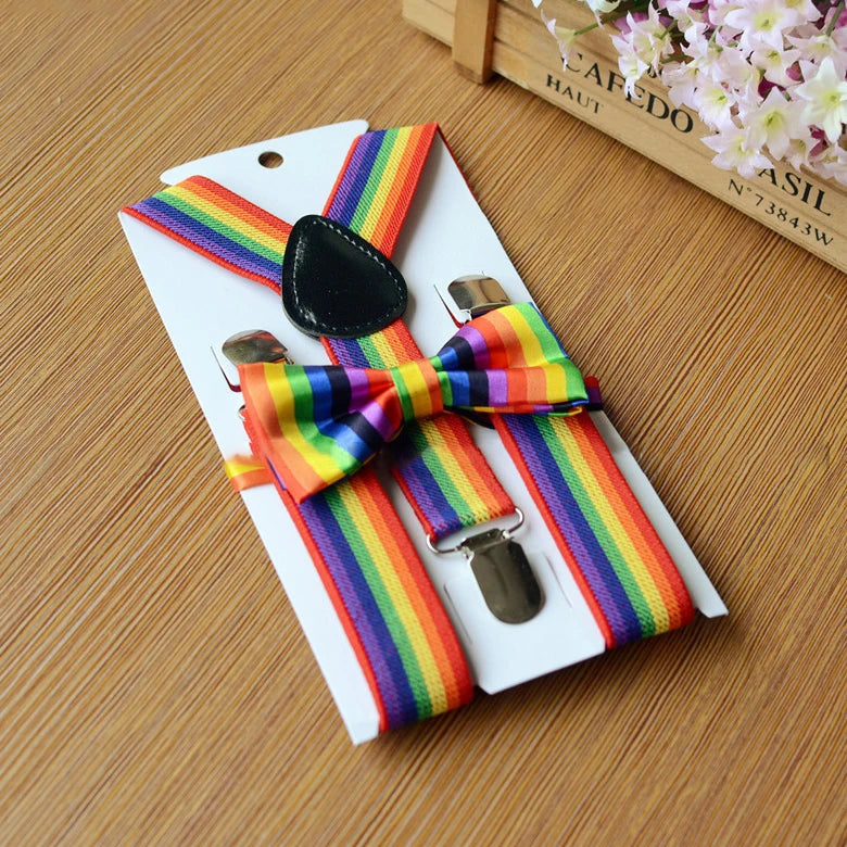 Rainbow Color Kids Suspenders & Bowtie Set for Boys and Girls Adjustable Polyester + Elastic Material