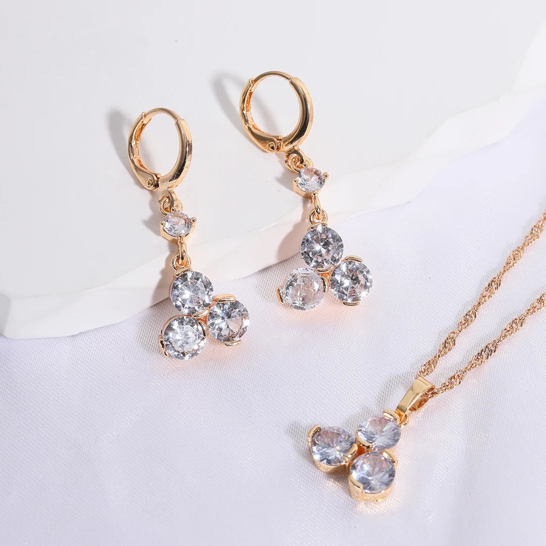 Fine 18K Gold Plated Wedding Diamond Jewelry Set Wholesale Dubai Zirconia Necklace Set Bridal Saudi Gold Jewelry Set for Women