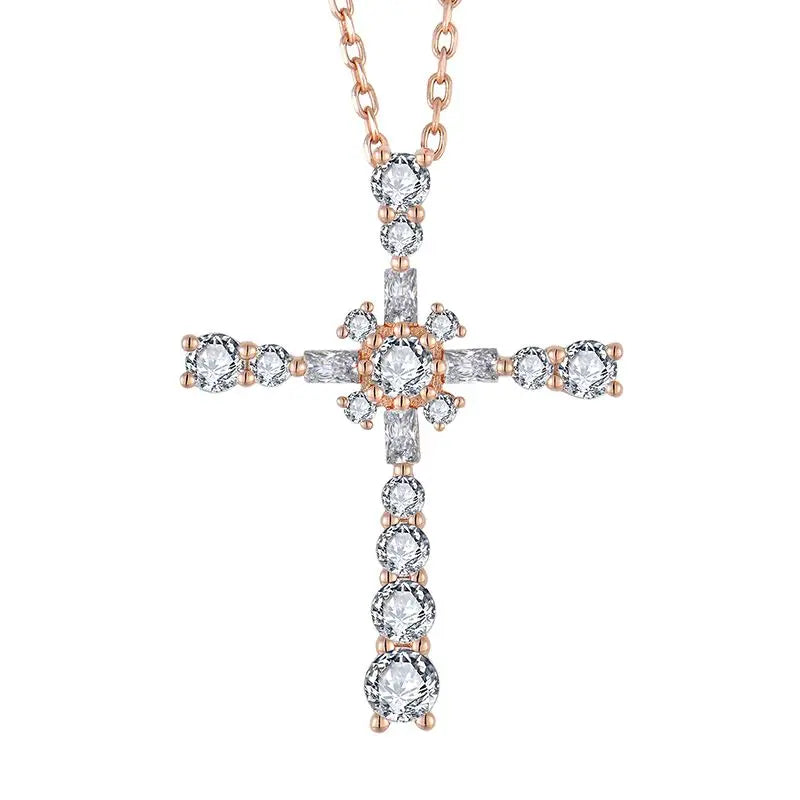 Hot Selling 925 Sterling Silver Cross Pendant Necklace with Trendy Crystal Zircon Rose Gold for Engagement & Wedding