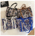 Embroidery Women Fashion Black Cotton PU Tote Bags Floral Trending Ethnic Hands Bags for Females