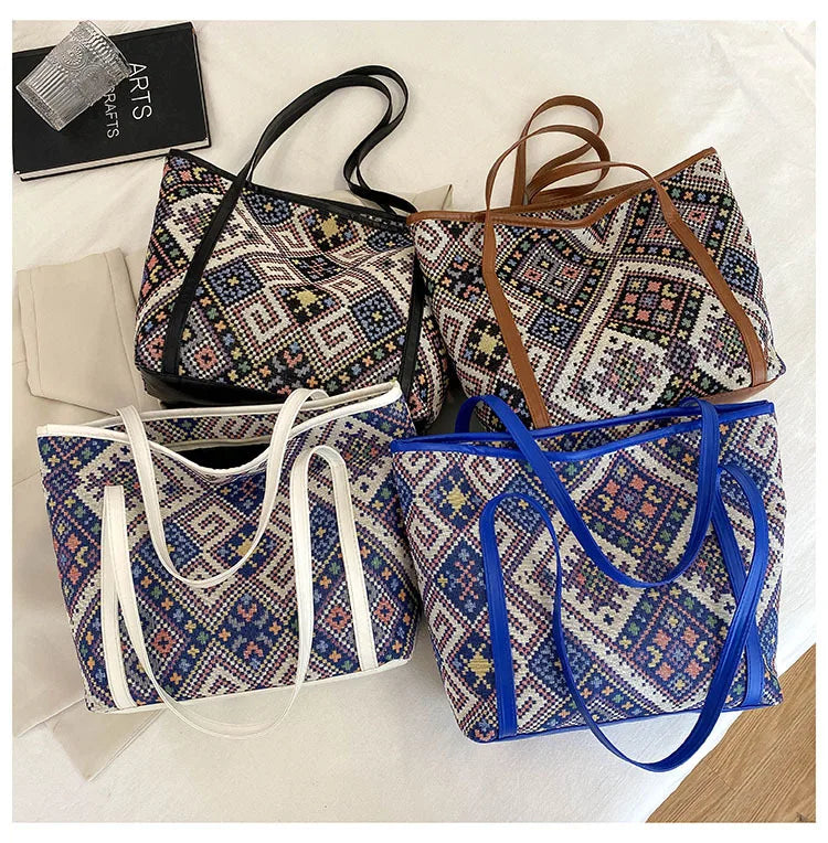 Embroidery Women Fashion Black Cotton PU Tote Bags Floral Trending Ethnic Hands Bags for Females