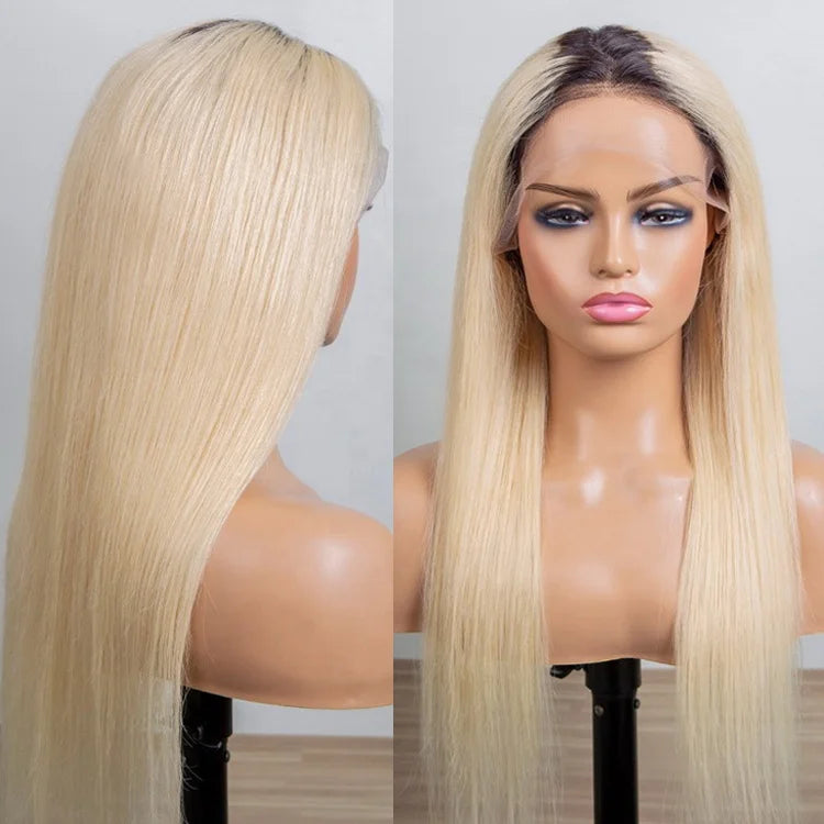 30 Inch Blonde Ombre With Dark Roots Straight 360 Full Lace Frontal Wig with Baby Hair Glueless 210Density Ombre Human Hair Wigs MegaBDM