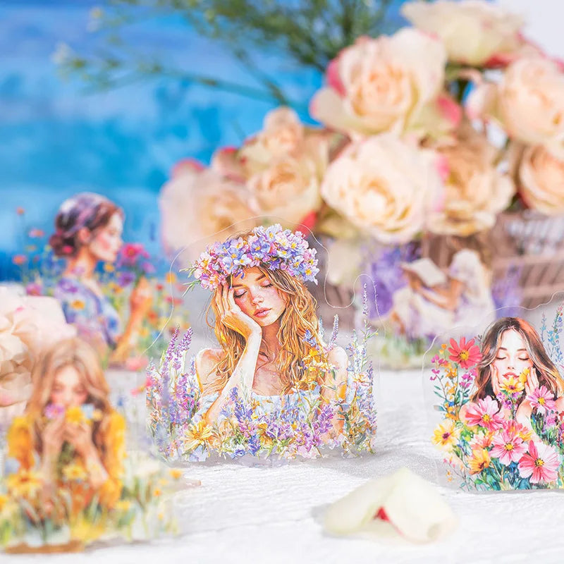 20 PET Stickers Per Pack Girls in the Flower Field Series 6 Selections of Floral Maiden Themes