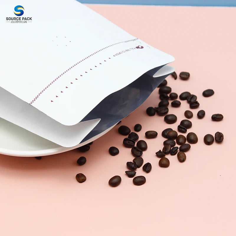 Coffee Bag With Valve and Zipper Bean Factory Custom Printed Flat Bottom 250g 1kg White Matte Finish Coffee Bag
