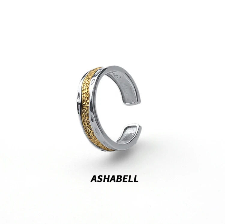 Fashion Gold Plated Yellow Texture River Ring S925 Sterling Silver Contrasting Color Band Rings