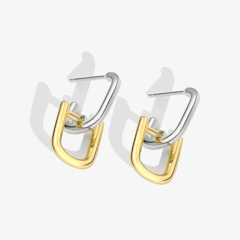 Trendy Chunky Geometric Dangling Bicolor Splicing 925 Sterling Silver 18k Gold Plated Huggie Earrings for Anniversary