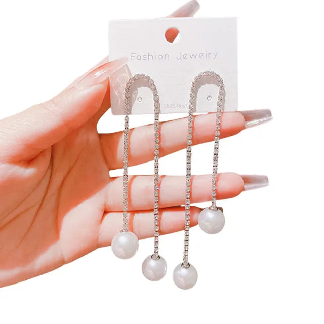 Rhinestones Tassel Pearl Earrings Premium Feel Long Earline Earrings