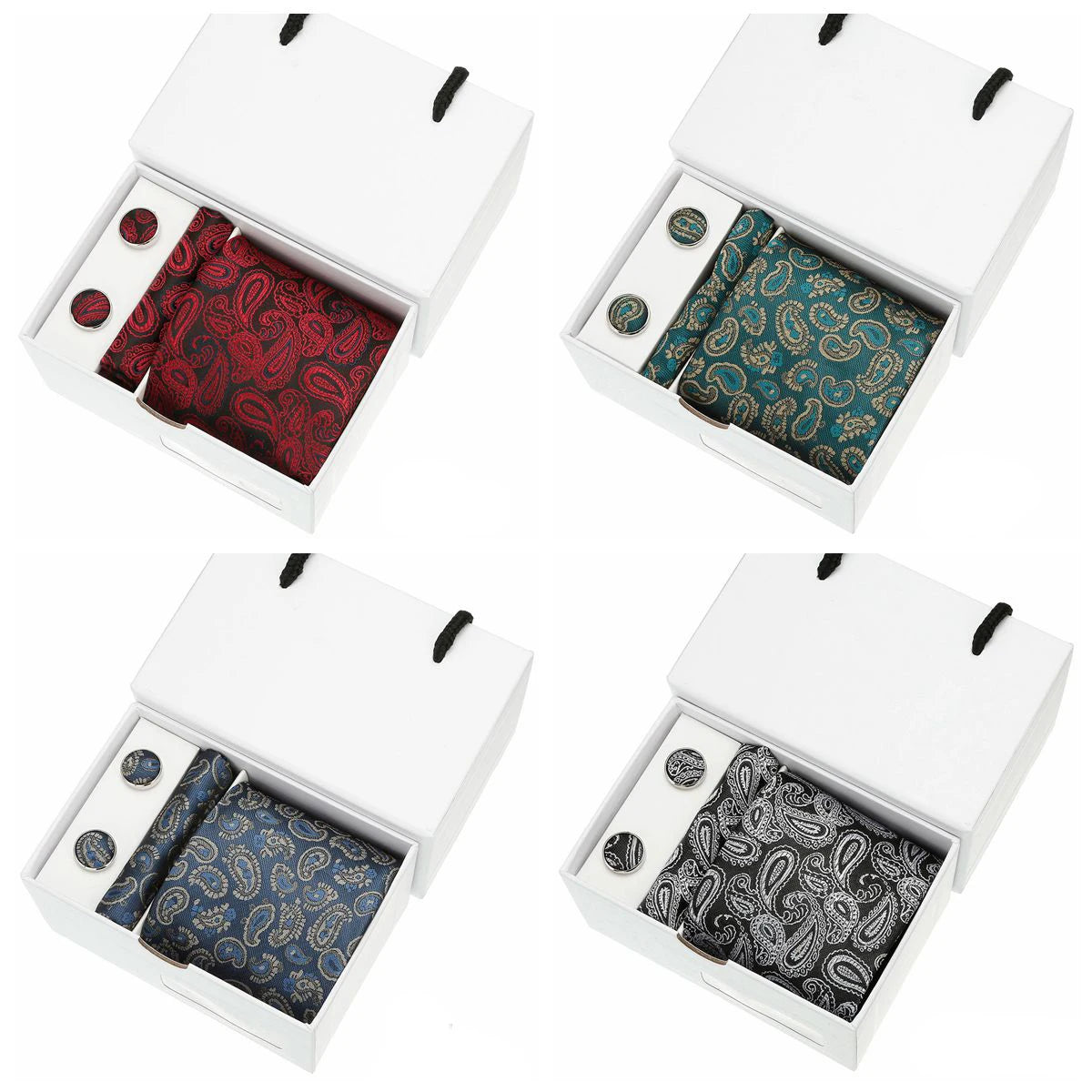 New Paisley Men Tie Set Polyester Ties Accessories Navy Blue Striped Neck Ties and Hanky Set With Cufflinks for Men Gift Box