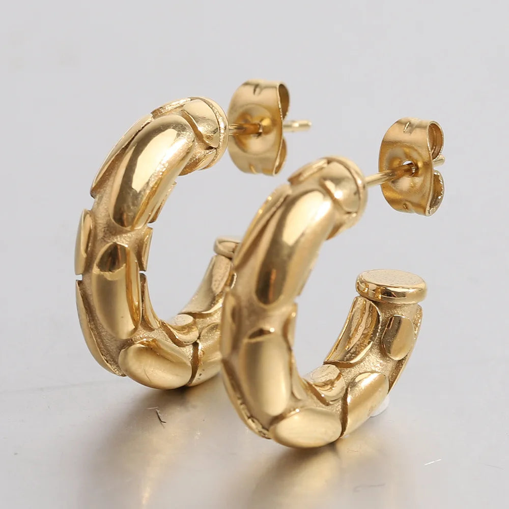 HOVANCI CC Shape Statement Circle Earrings 18K Gold Plated Stainless Steel Cable Twisted Bamboo Chunky Earrings