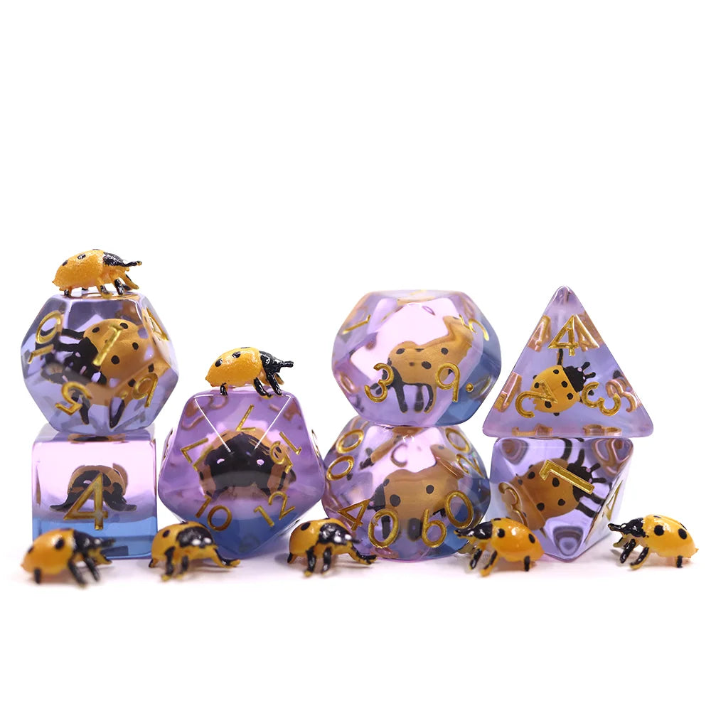Wholesale Custom 7-Piece Polyhedral Resin Dice Set Soft Edges Yellow Ladybugs Included Bulk Dice for DND Board Game