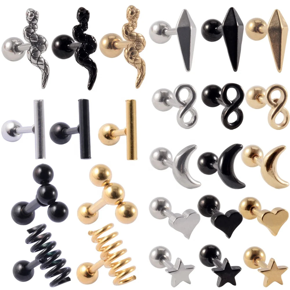 16G Stainless Steel Helix Cartilage Tragus Mini Stud Earring Heart Star Moon Ball Snake Lobe Unisex Ear Piercing Wholesale