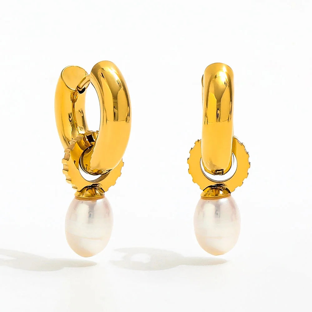 Trendy Earring 18K Gold Plated Oval Imitation Pearl Dangle Simple Huggie Hoop Earring Stainless Steel Jewelry Wholesale