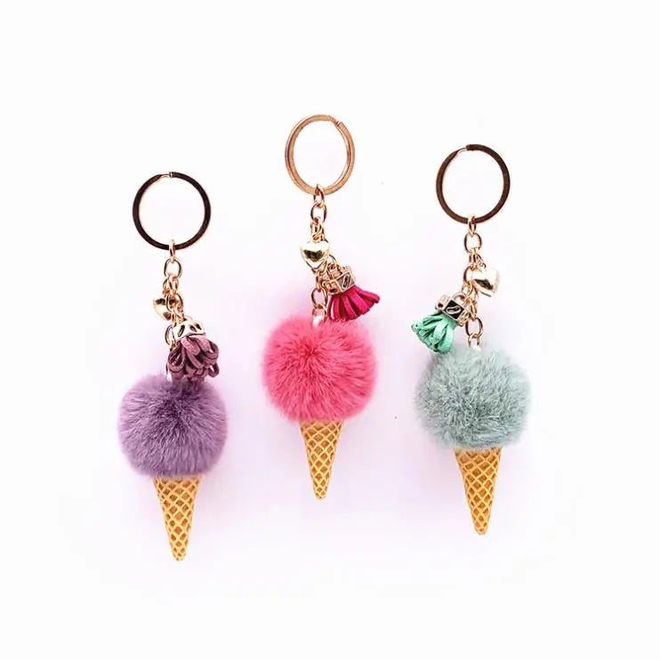 Wholesale Multicolor Furry Cute Pom Pom Ice Cream Tassel Keychain Cartoon Pendant Key Ring for Bag Car Pompom Plush Key Chain