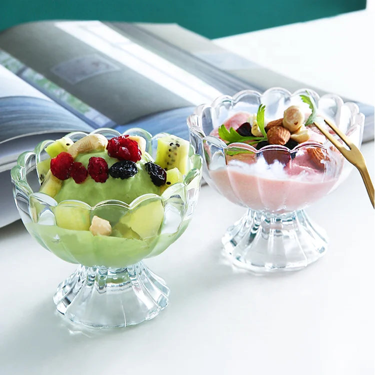 Classic Lotus Design Footed Dessert Bowls Clear Ice Cream Milkshake Fruit Salad Pudding Glass Cups