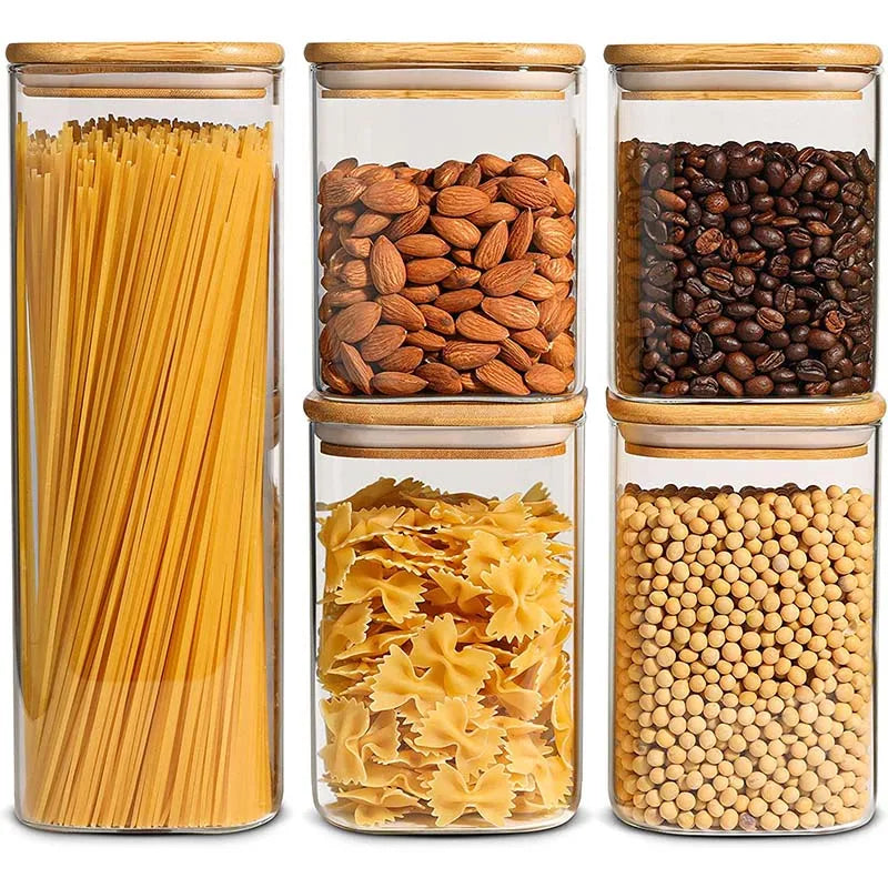 Wholesale Set of 5 Square Borosilicate Glass Food Storage Jars with Bamboo Lid Airtight Kitchen Storage Containers