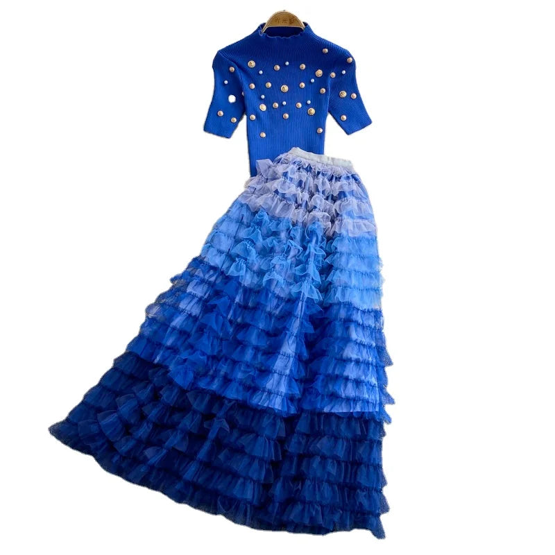New Products Female Knitted Top Beaded Small Sweater Ladies French Retro Cake Skirt Two Piece Set