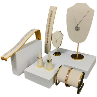 Fancy Golden Metal Jewelry Display Organizer Set Modern Fine Jewelry Earring Bracelet Necklace Display Stands