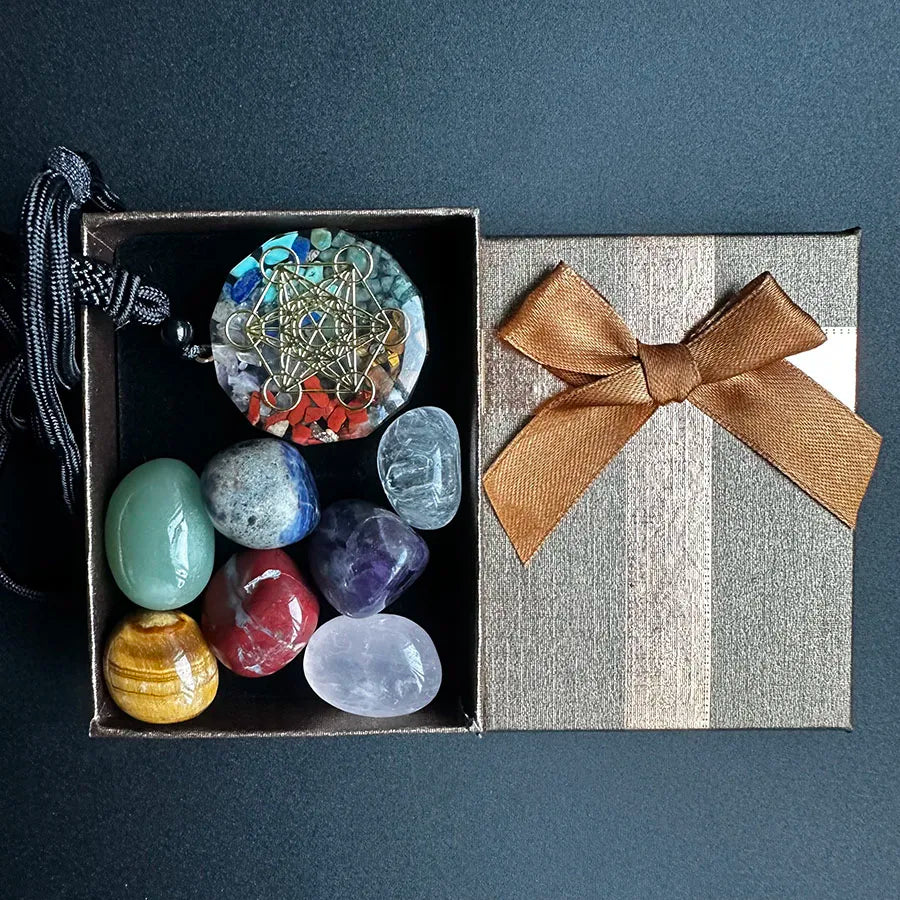 Chakra Set Natural Crystal Pendant Necklace tiger Eye Rose Quartz Crystal Healing Stone Set Meditation with Box