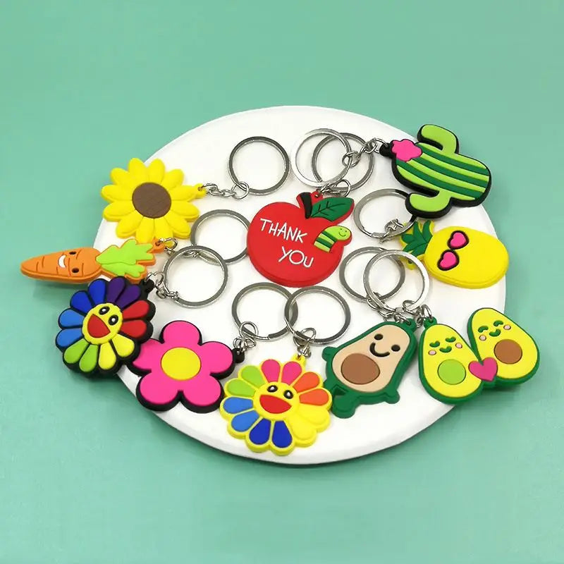 Pvc Key Ring Sunflower Avocado Watermelon Strawberry Cartoon Cherry Keychains Plant Key Holder Fit Kids Bag Car Key Accessories